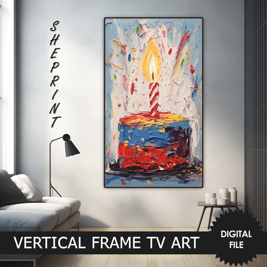 Vertical Frame TV Art | Happy Birthday | Birthday Cake With Candle Impasto Painting preview on Samsung Frame Tv when mounted vertically