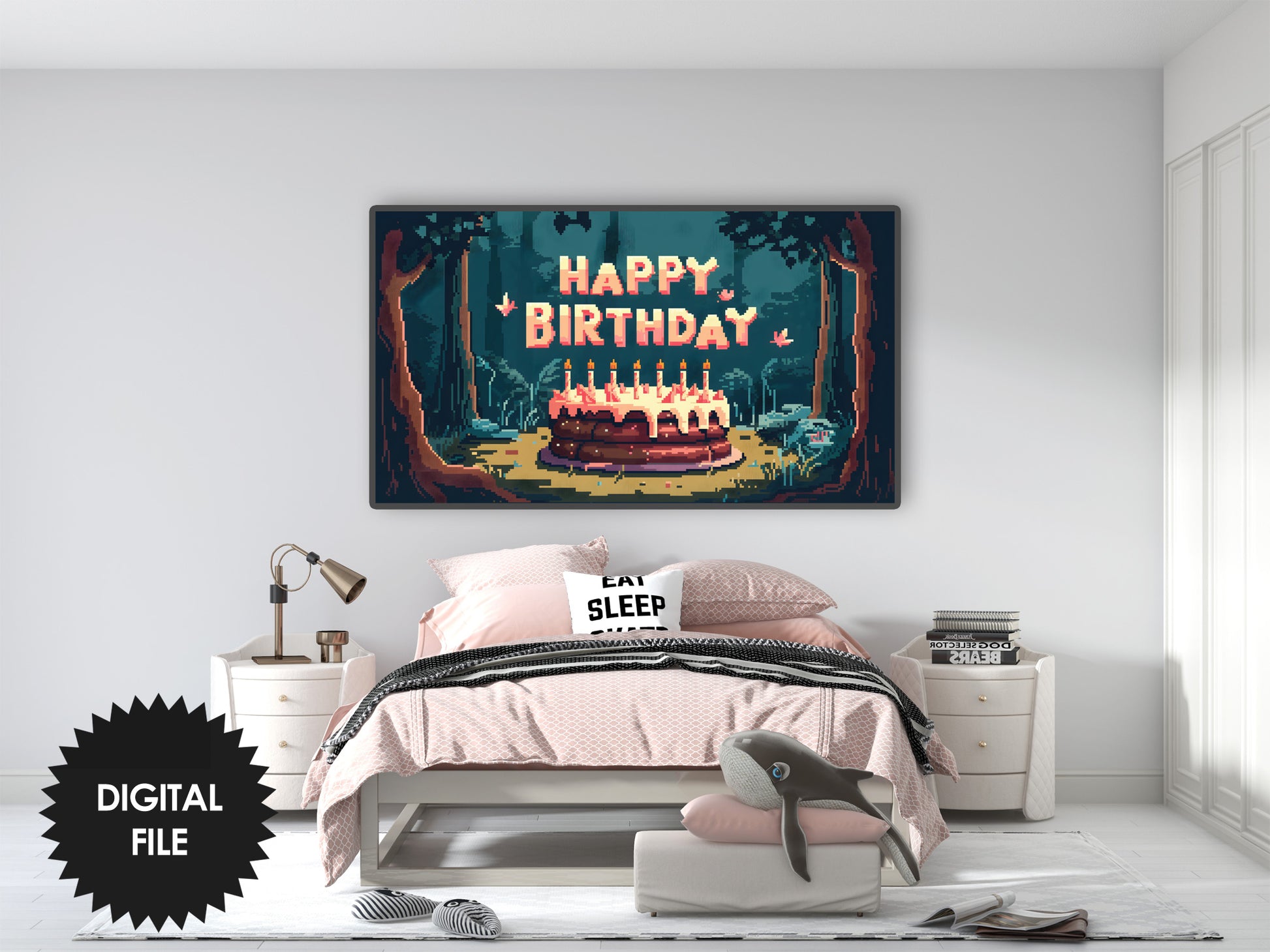 Samsung Frame TV Art For Kids | Happy Birthday Video Game Art preview in teen room