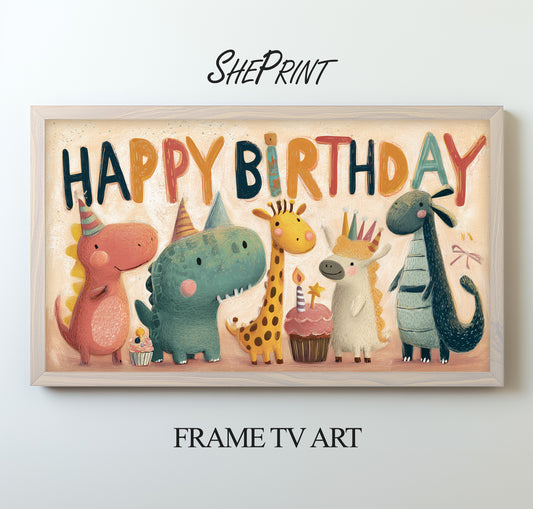 Whimsical Animals Birthday Frame TV Art | Kids Party Backdrop Decor | Instant Download