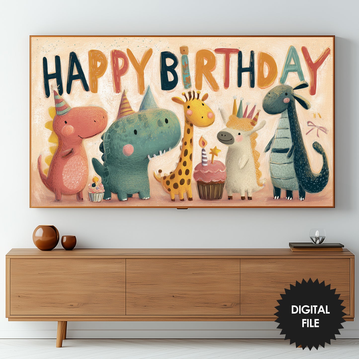 Whimsical Animals Birthday Frame TV Art | Kids Party Backdrop Decor | Instant Download preview on screen
