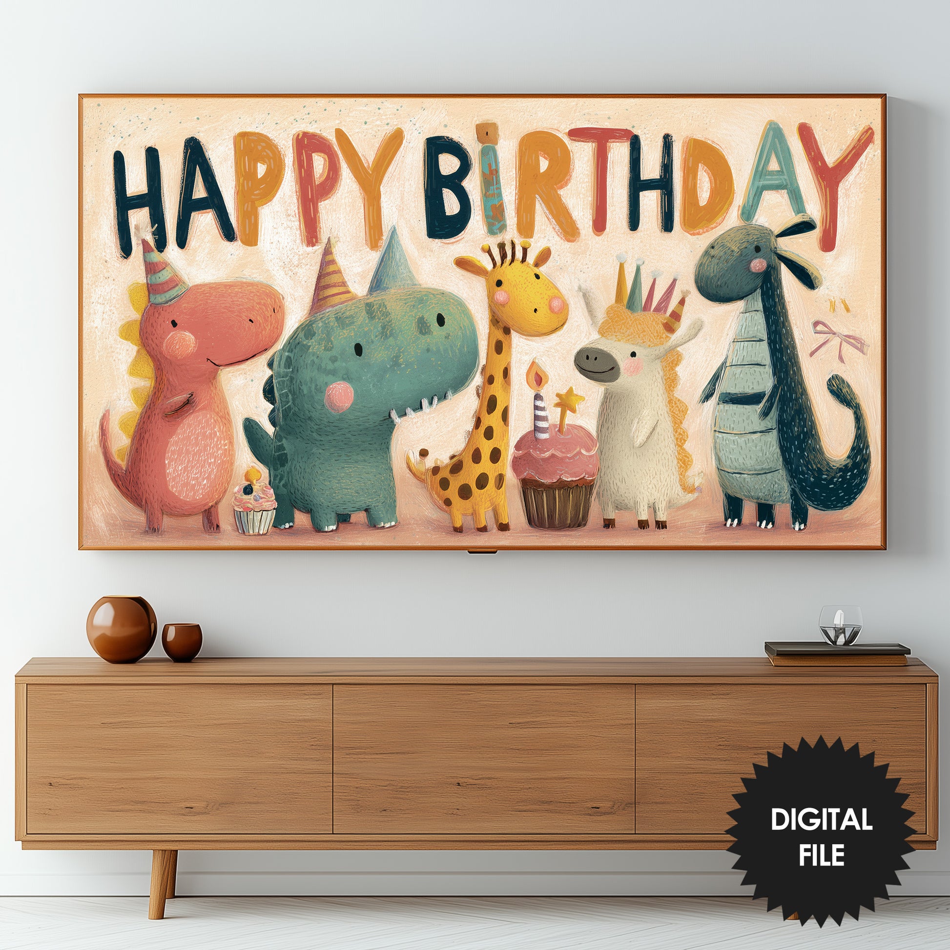 Whimsical Animals Birthday Frame TV Art | Kids Party Backdrop Decor | Instant Download preview on screen