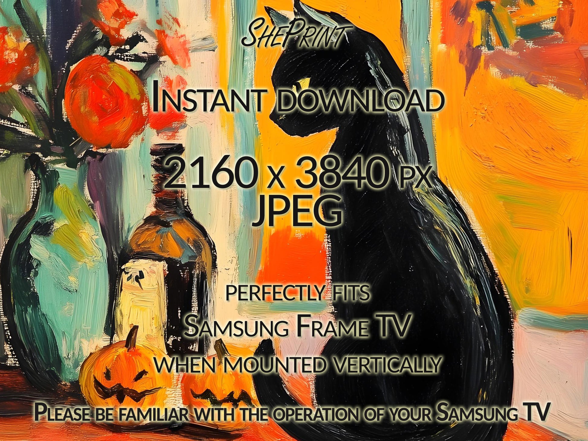 Samsung Vertical Frame TV Art, Black Cat On Table Halloween Painting close up view