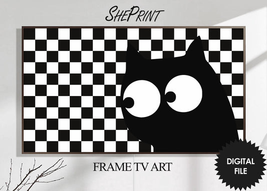 Non Scary Halloween Frame TV Art, Black Cat Checkered Background, Digital TV Art, Instant Download