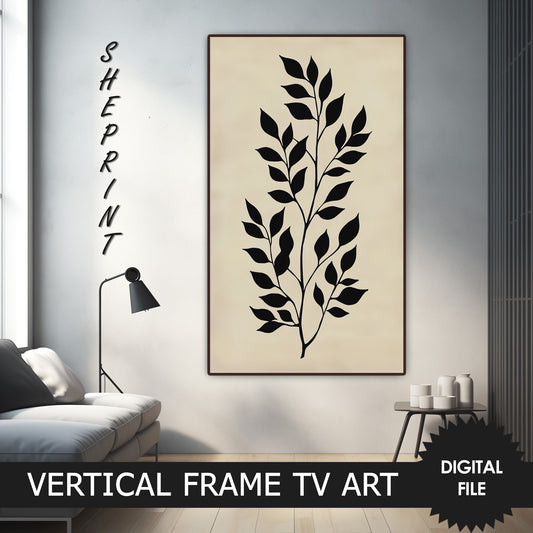 Black Leaves Vertical Frame TV Art preview in modern living room