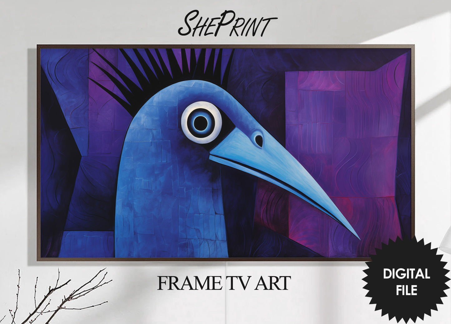 Frame TV Art, Blue Bird Cubism Abstract Art, Cassowary Art preview on Samsung Frame TV