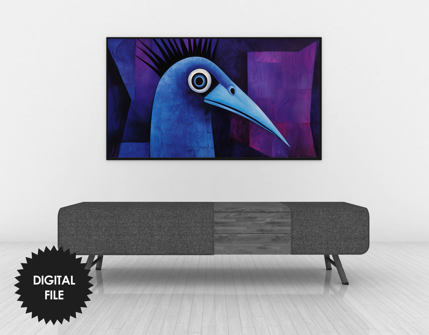 Frame TV Art, Blue Bird Cubism Abstract Art, Cassowary Art preview in minimalist ambience