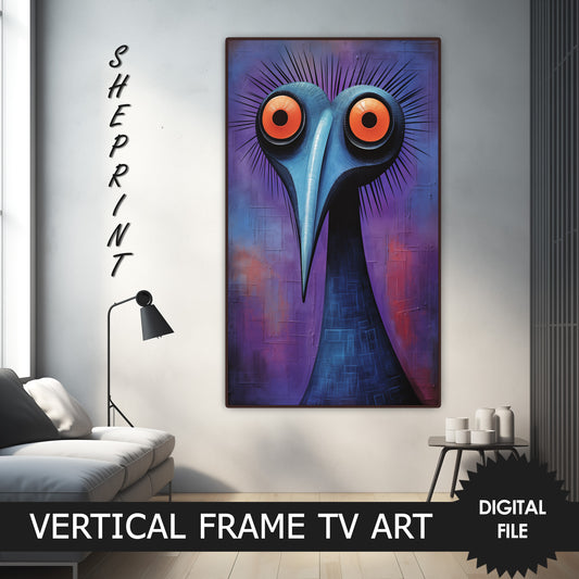 Vertical Frame TV Art, Blue Cassowary Abstract Art, Oil Painting, Digital TV Art preview on Samsung Frame Tv when mounted vertically
