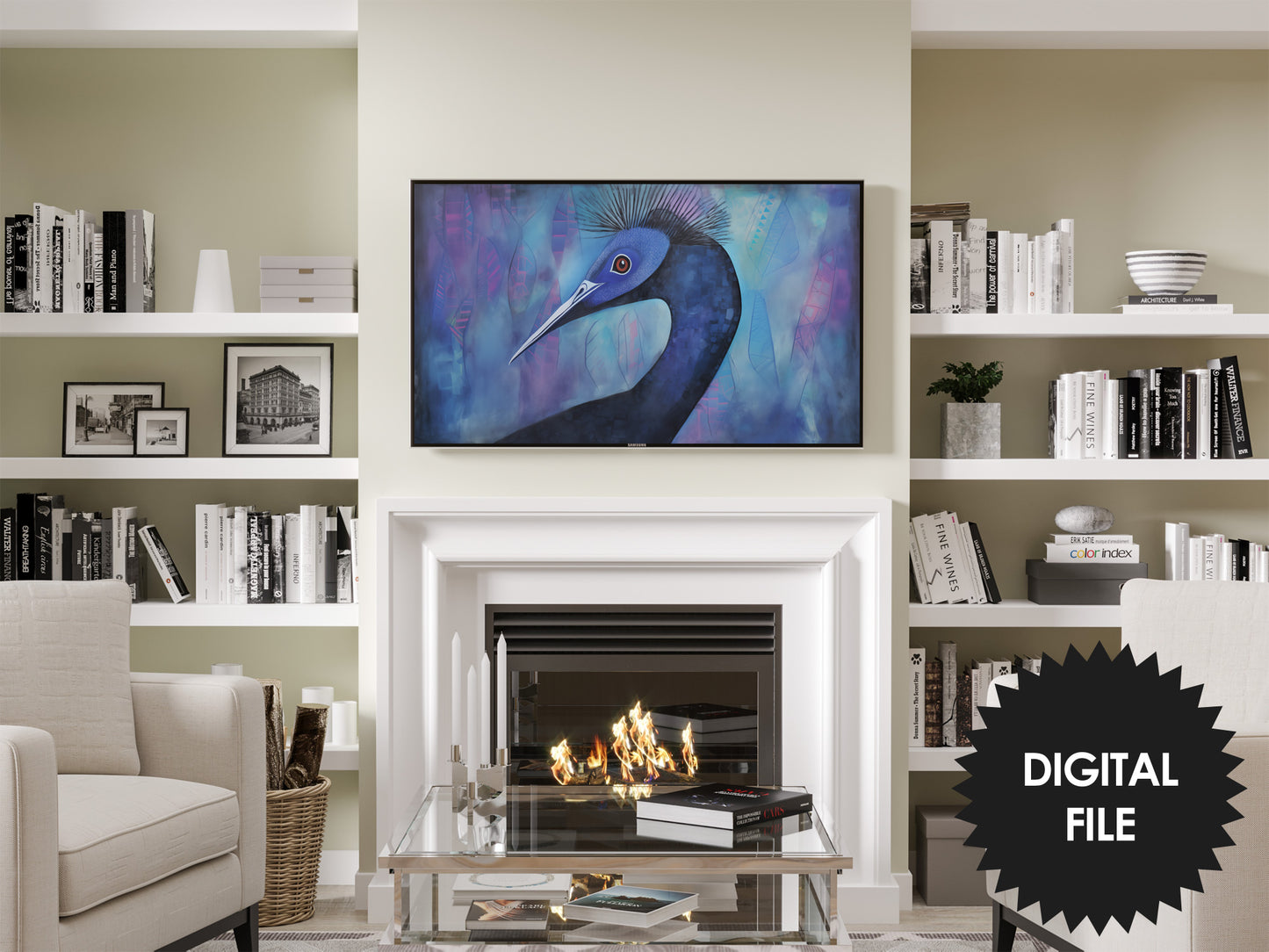 Frame TV Art, Blue Cassowary Bird Art, Digital TV Art, preview in modern living room
