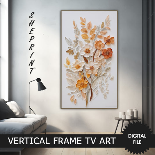 Vertical Frame TV Art, Boho Flowers Art, Neutral Colors preview on samsung frame tv when mounted vertically