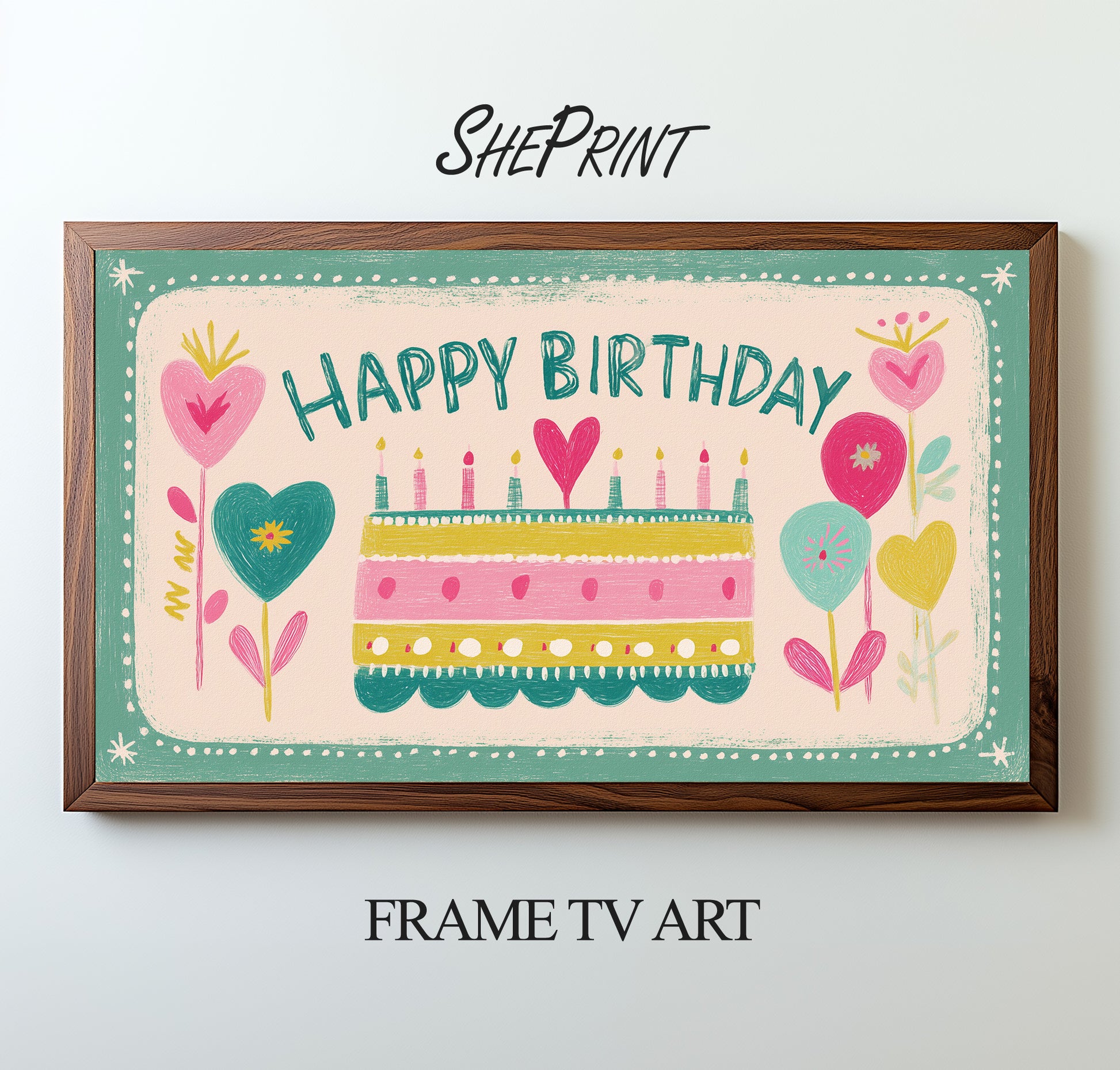 Happy Birthday Frame TV Art | Nordic Folk Pastel Colors preview on Samsung Frame TV screen