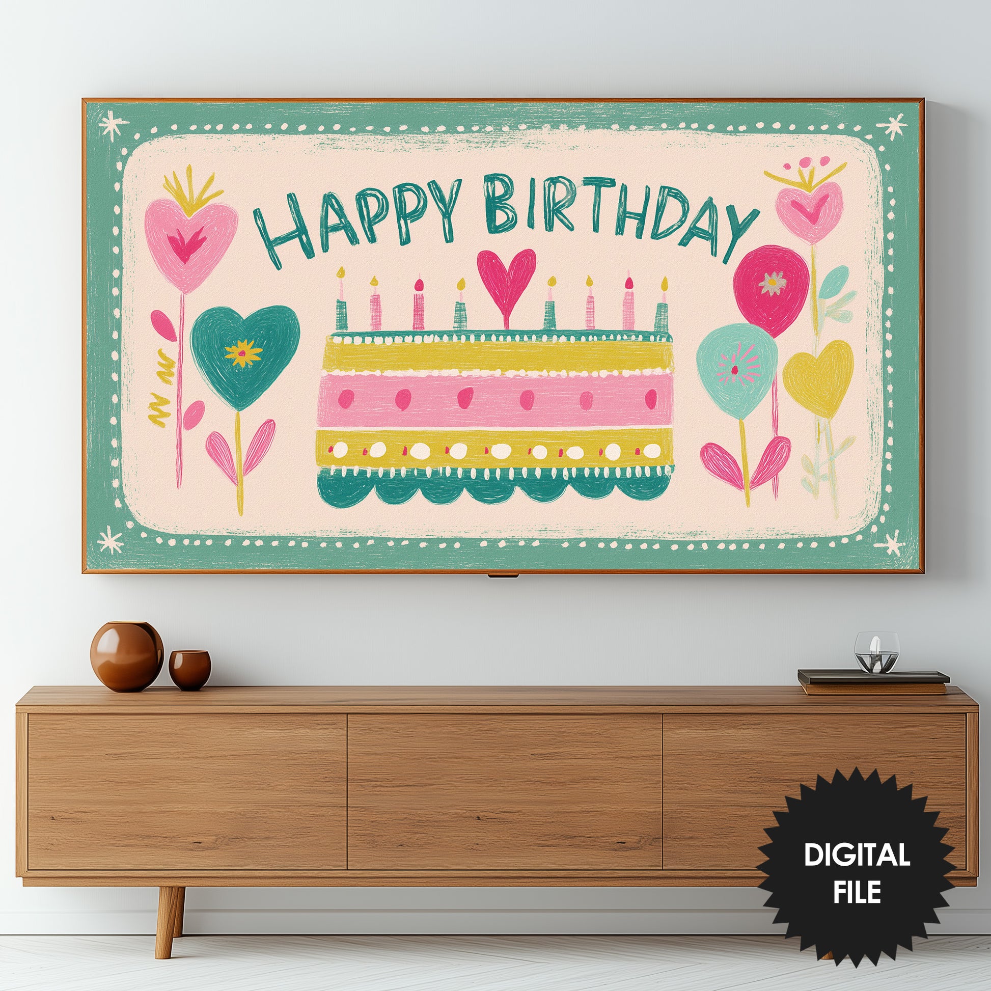 Happy Birthday Frame TV Art | Nordic Folk Pastel Colors preview on Samsung Frame TV in living room