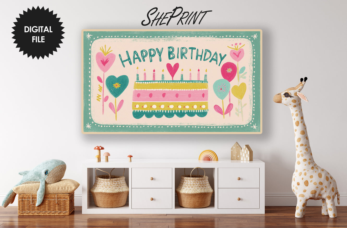 Happy Birthday Frame TV Art | Nordic Folk Pastel Colors preview on Samsung Frame TV in kids room