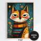 Colorful illustration of a cat with decorative elements on a blue background, digital file size 9"x12".