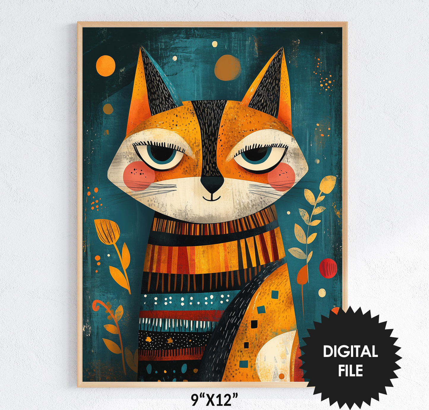 Colorful illustration of a cat with decorative elements on a blue background, digital file size 9"x12".