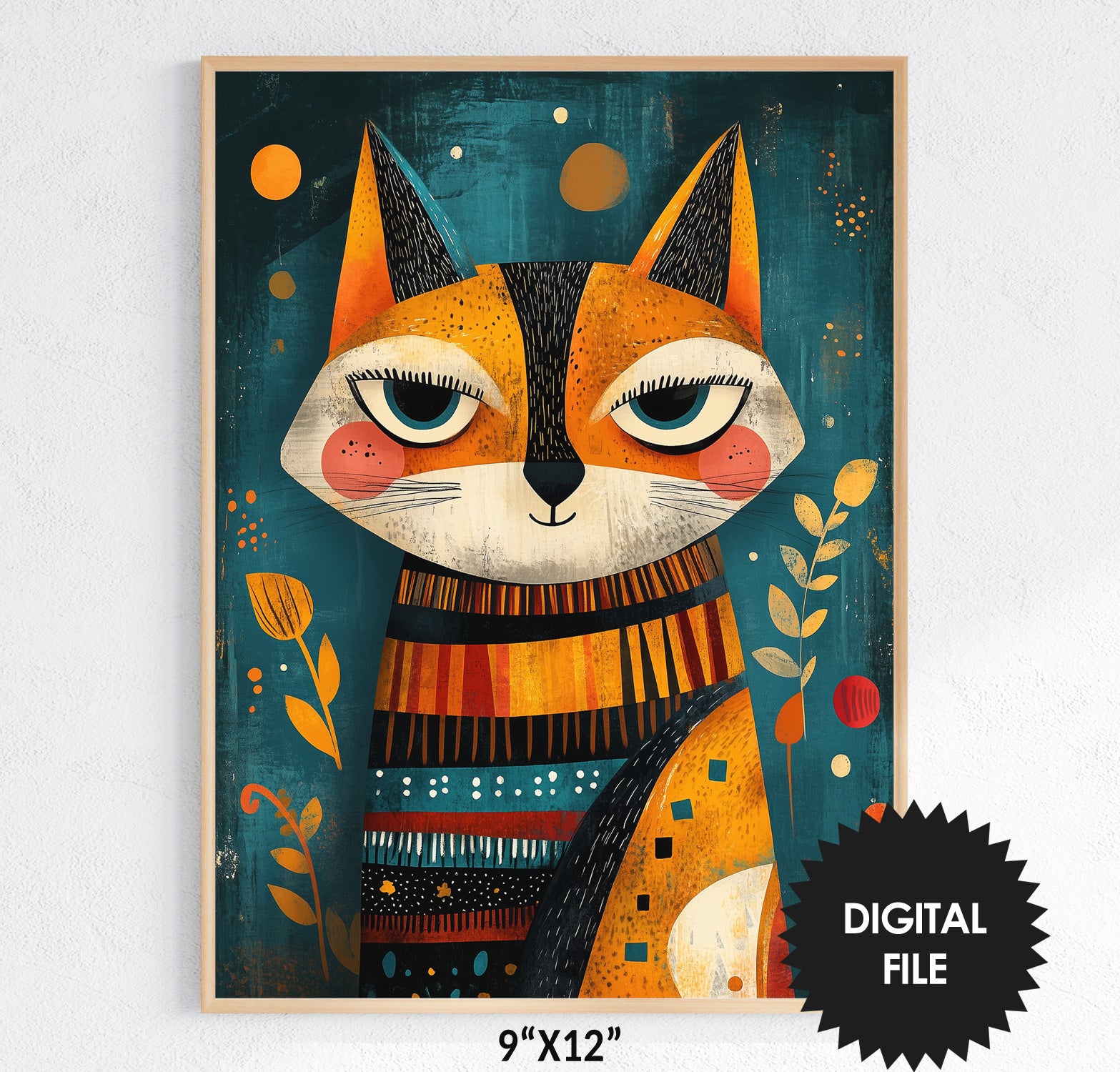 Colorful illustration of a cat with decorative elements on a blue background, digital file size 9"x12".