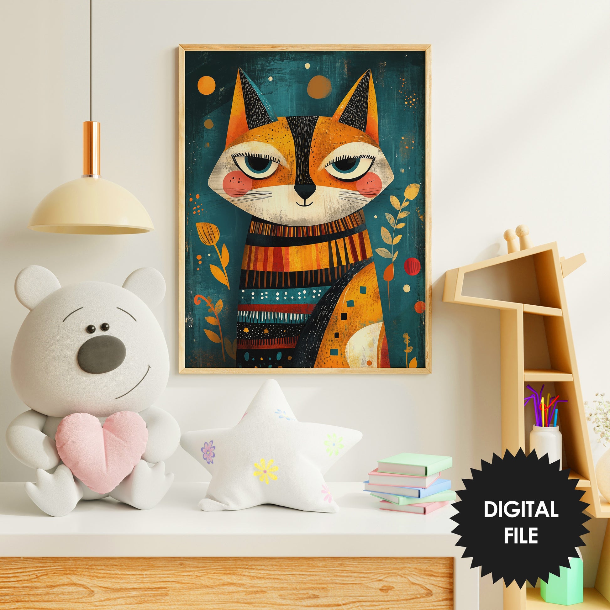 Kids Room or Nursery Printable Wall Art, Boho Style Cat Print preview 2