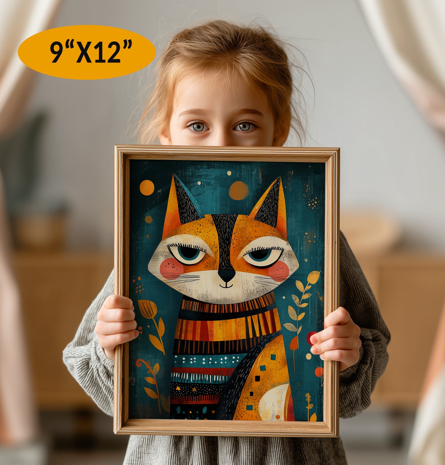 Kids Room or Nursery Printable Wall Art, Boho Style Cat Print preview