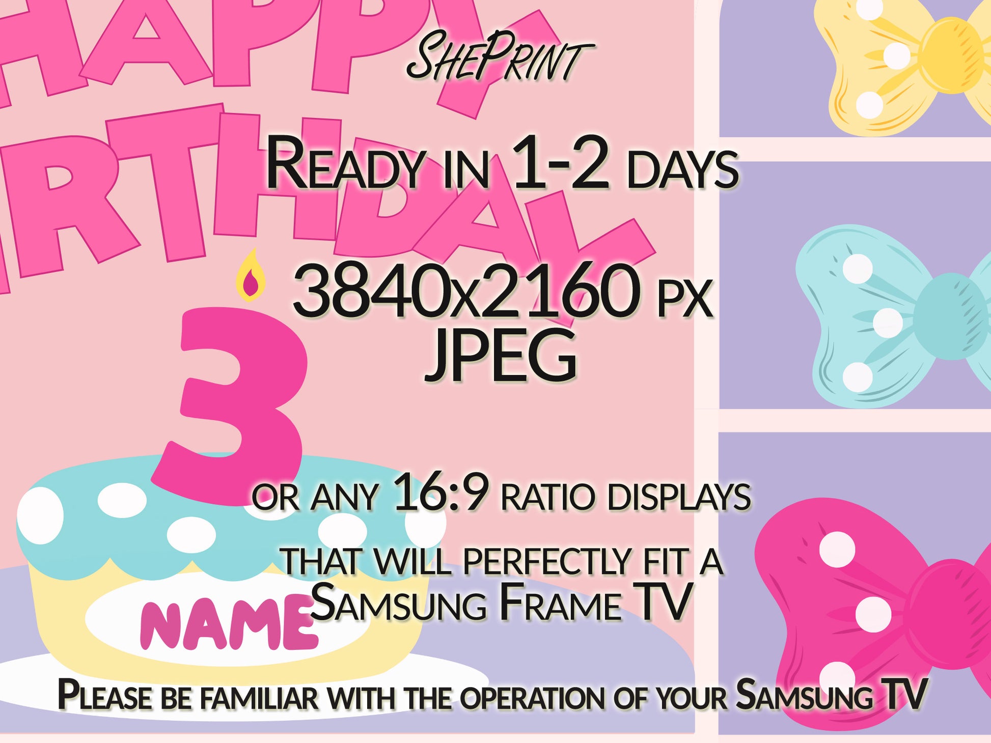 Bowtique Birthday Party | Personalized Birthday Frame TV Art For Kids close up look