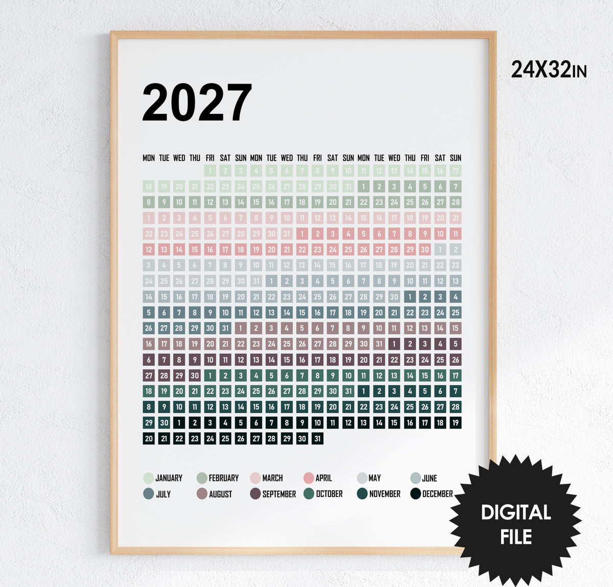 2027 Printable Calendar, Wall Art Poster, Large Minimalist Year Planner, Instant Download, 24x32 Inch