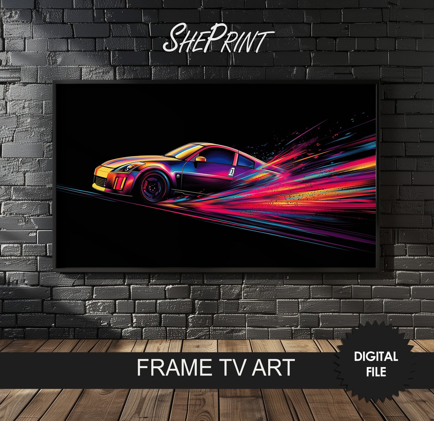 Frame TV Art For Boys | Car In Full Speed Abstract Art preview on wall