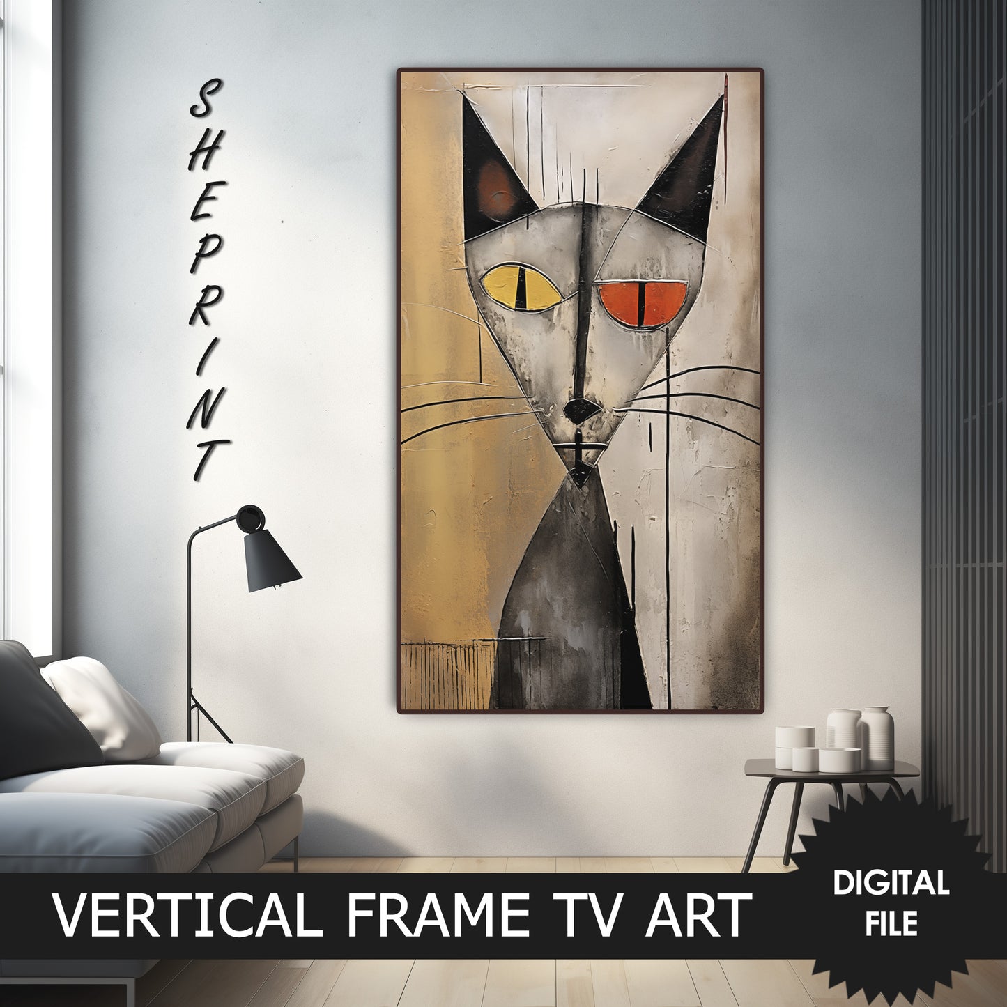 Vertical Frame TV Art, Cat Abstract Art, Oil Painting, Digital TV Art JPEG Image Instant Download