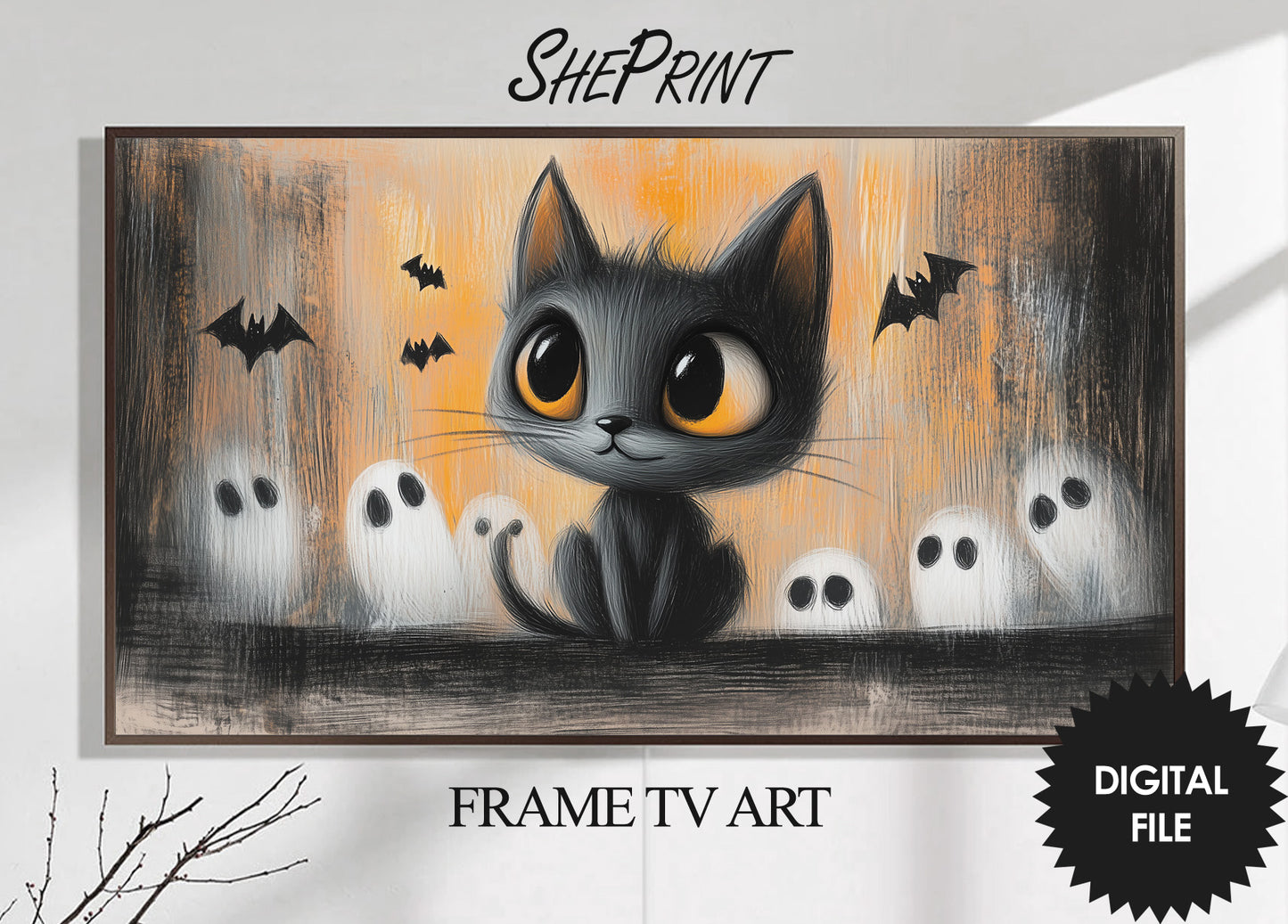 Samsung Frame TV Art For Kids | Cute Halloween Cat Charcoal Drawing preview