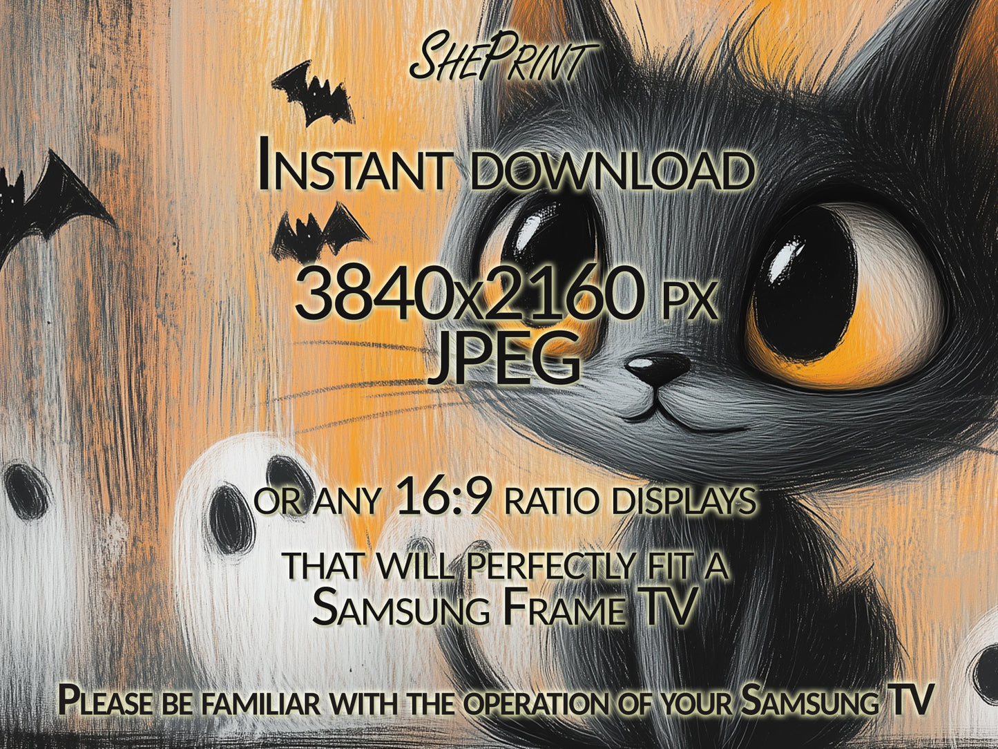 Samsung Frame TV Art For Kids | Cute Halloween Cat Charcoal Drawing close up view