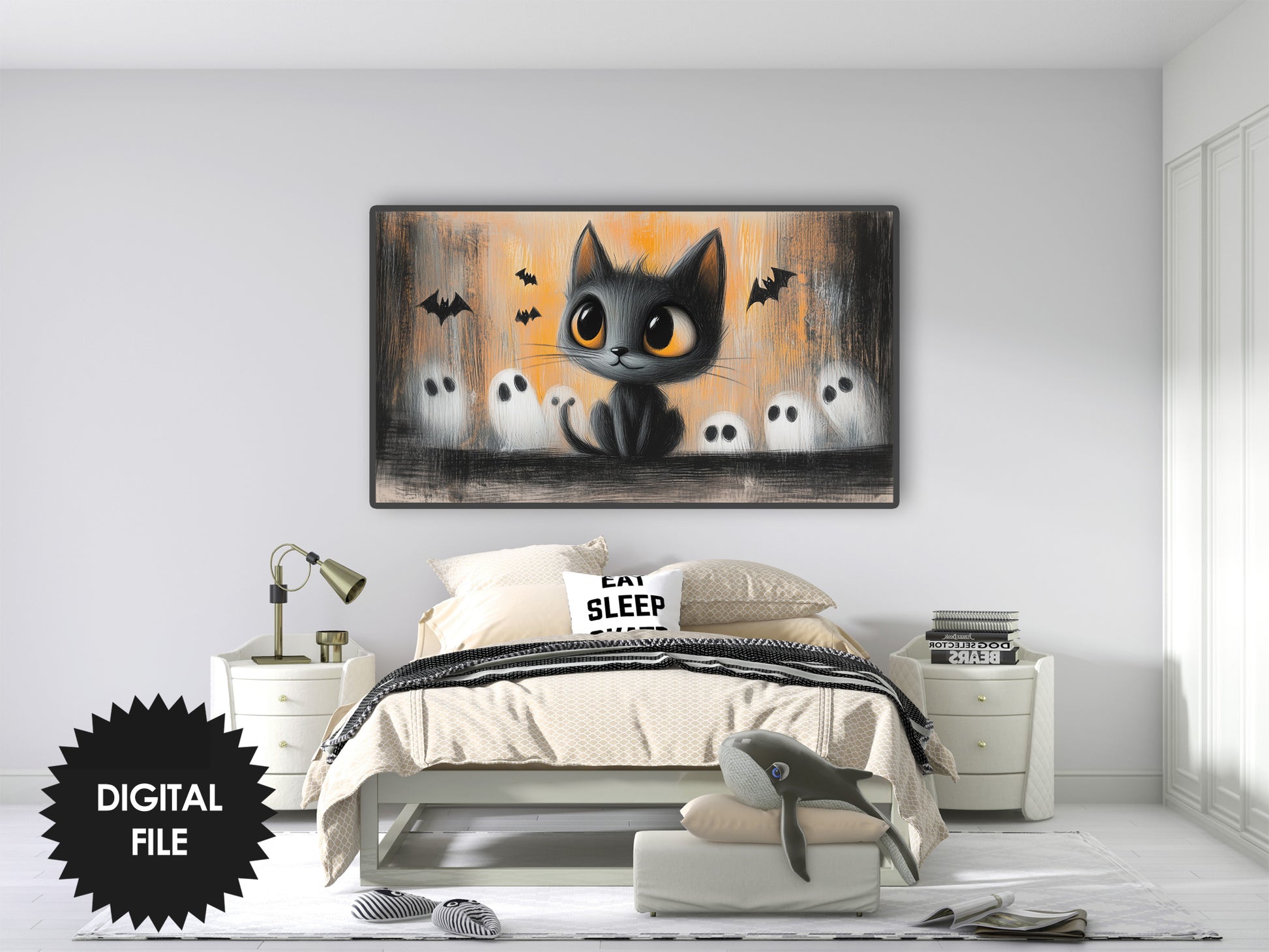 Samsung Frame TV Art For Kids | Cute Halloween Cat Charcoal Drawing preview in teen bedroom