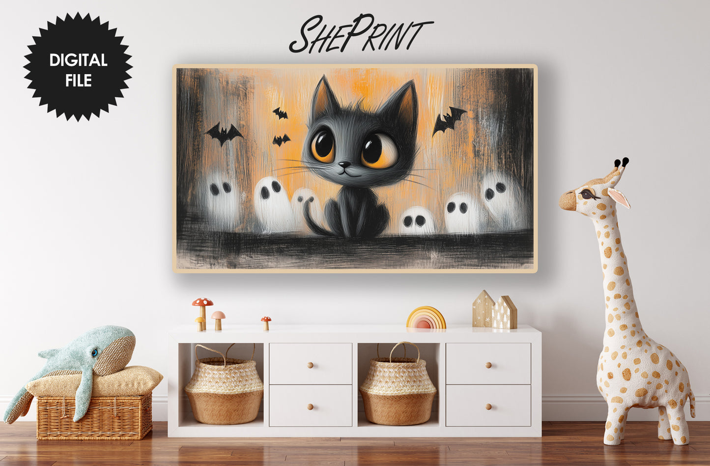 Samsung Frame TV Art For Kids | Cute Halloween Cat Charcoal Drawing preview in kids room