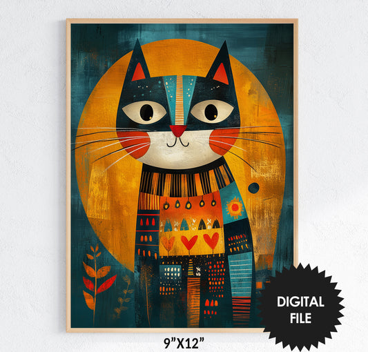Printable Wall Art for Kids, Boho Style Cat at Sunset Print