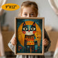 Child holding a framed illustration of a colorful cat with dimensions '9"x12"'.
