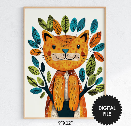 Printable Wall Art for Kids, Boho Style Funny Cat on Tree Print