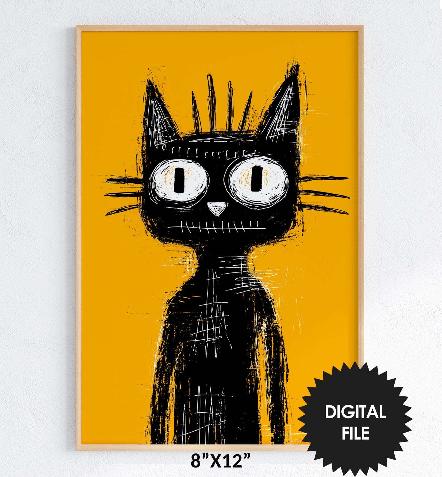 Halloween Wall Art Prints For Kids, Cute Black Cat and Bats, Rough Black Yellow Drawing, Instant Download JPG, Print up to 8"x12"in/20x30cm