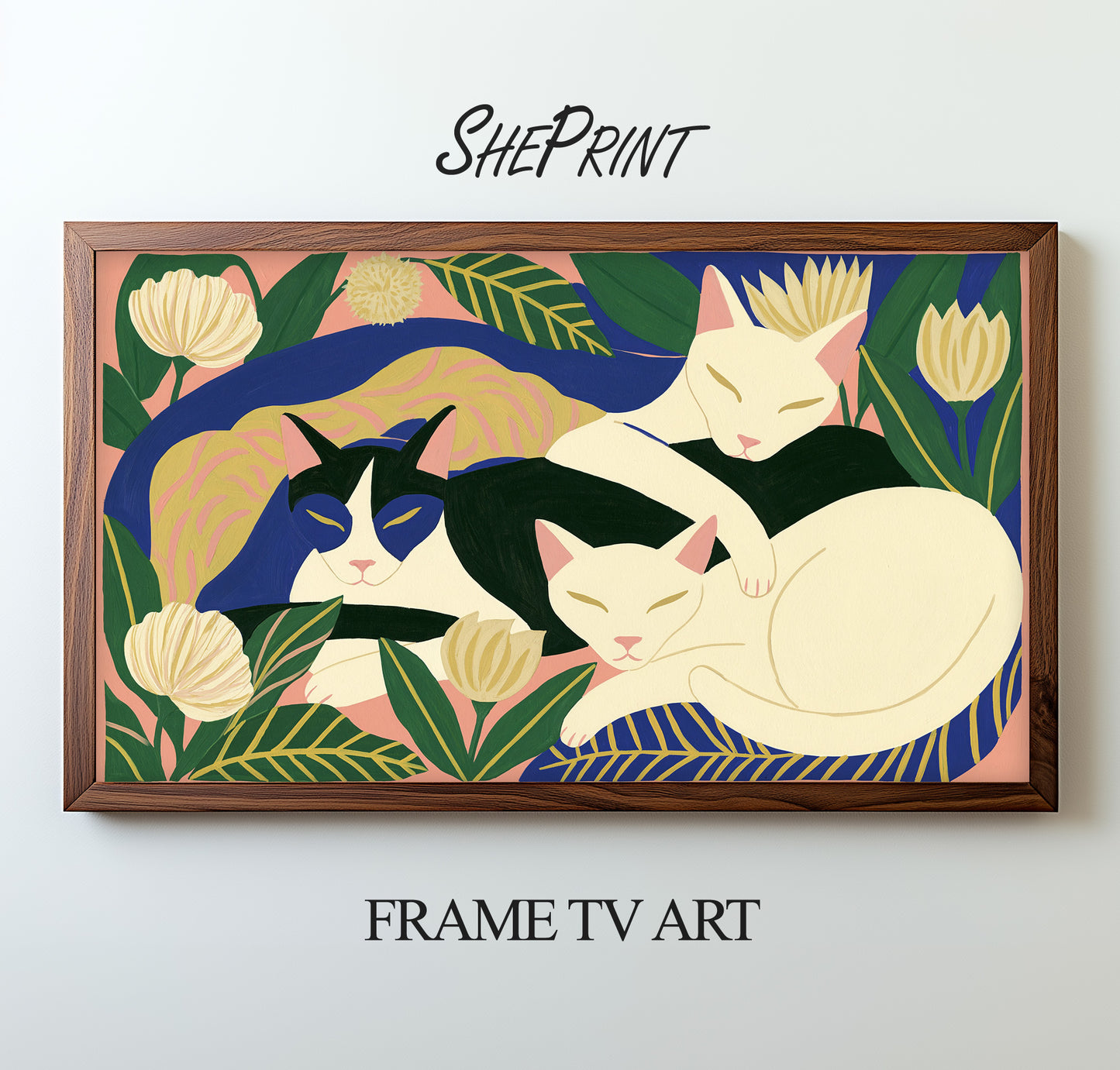Sleeping Cats Frame TV Art | Modern Folk Cat Wall Art | Colorful Botanical Cat Painting | Digital Download for Samsung Frame TV preview on screen