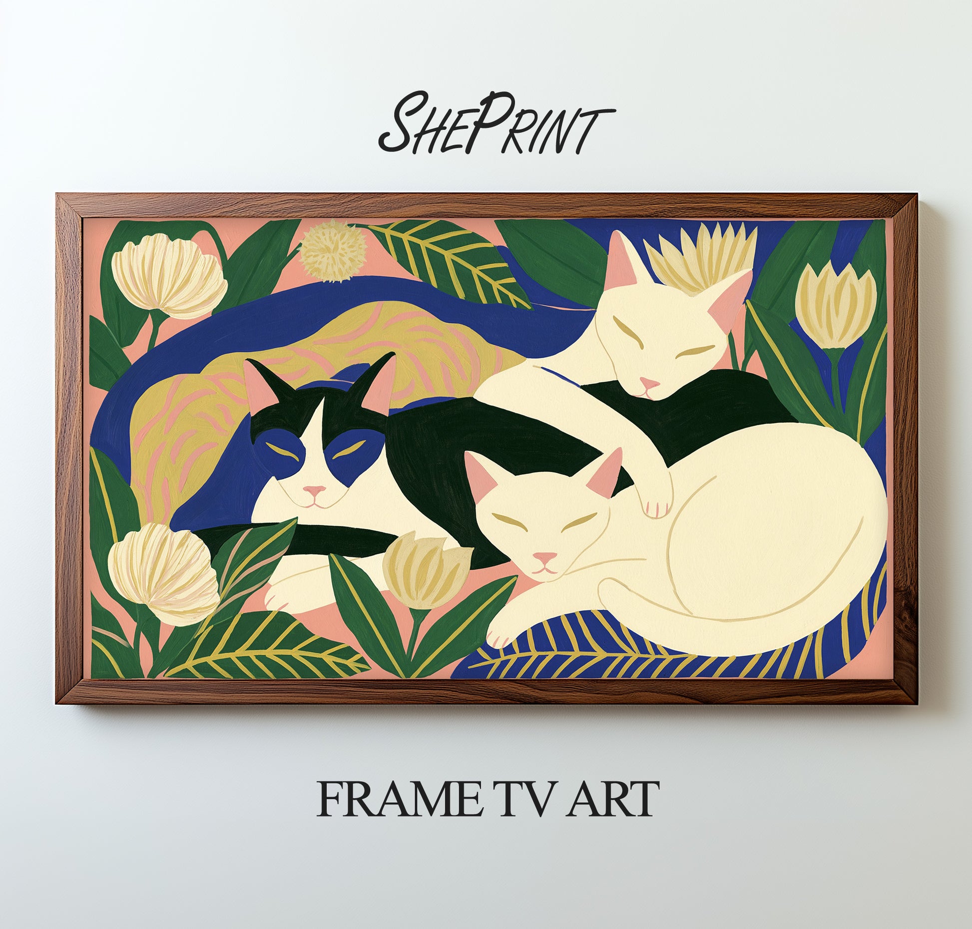 Sleeping Cats Frame TV Art | Modern Folk Cat Wall Art | Colorful Botanical Cat Painting | Digital Download for Samsung Frame TV preview on screen