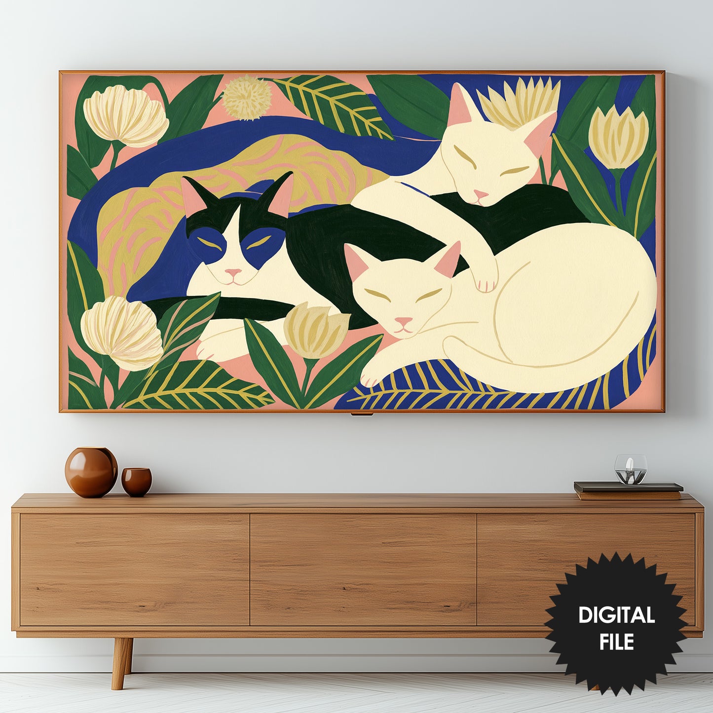 Sleeping Cats Frame TV Art | Modern Folk Cat Wall Art | Colorful Botanical Cat Painting | Digital Download for Samsung Frame TV