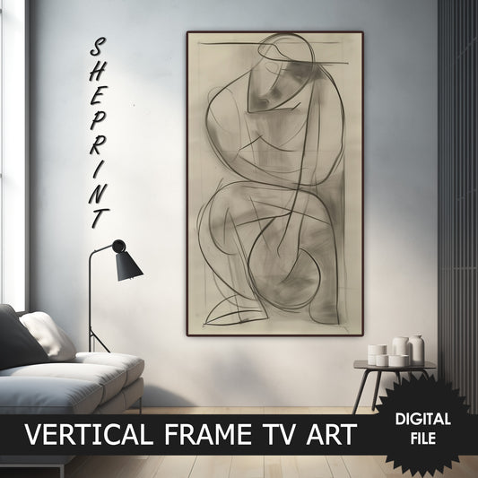 Charcoal Abstract Drawing Sketch, Vertical Frame TV Art preview on Samsung Frame TV when mounted vertically