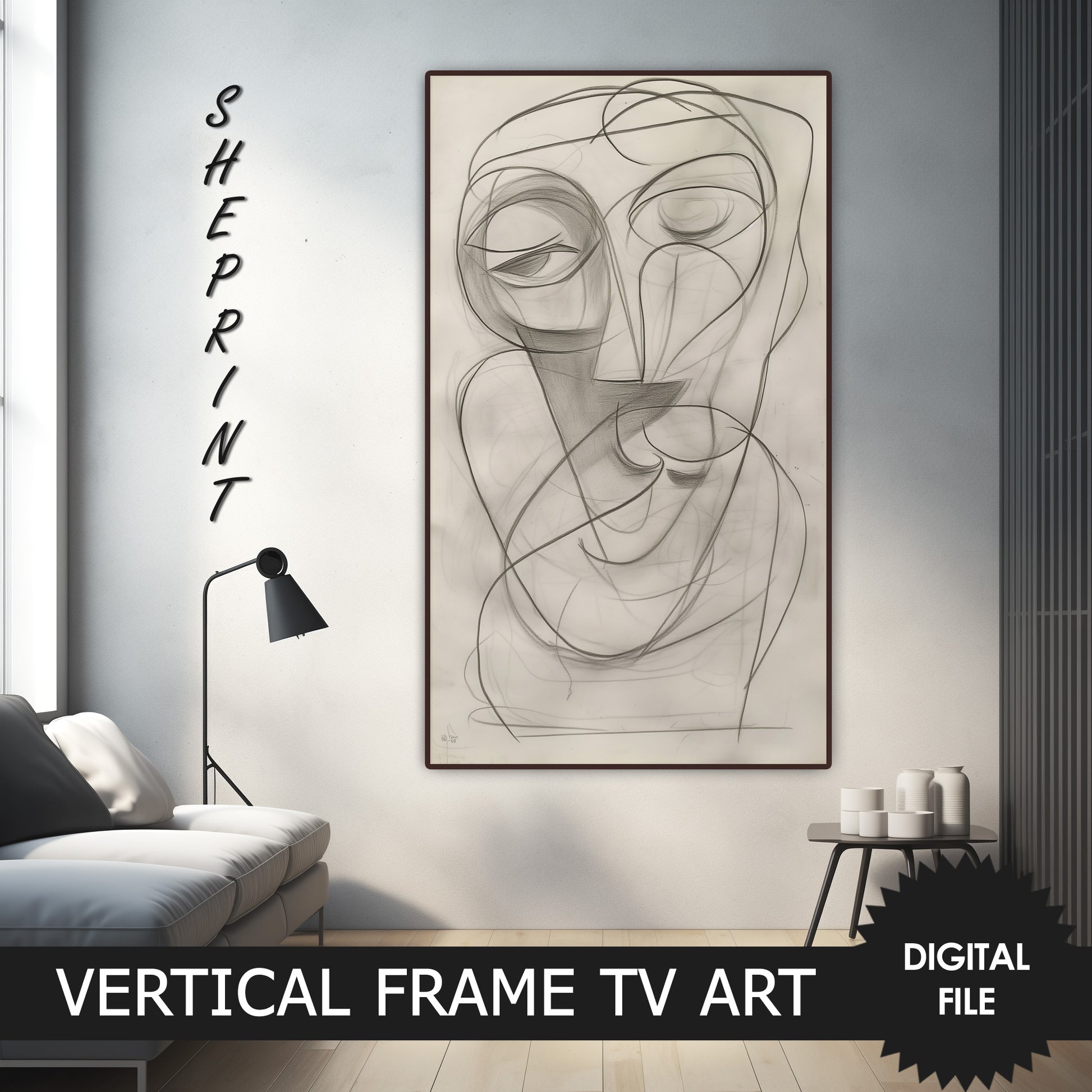 Charcoal Line Drawing Sketch, Vertical Frame TV Art, Abstract Tv Art preview on Samsung Frame TV when mounted vertically