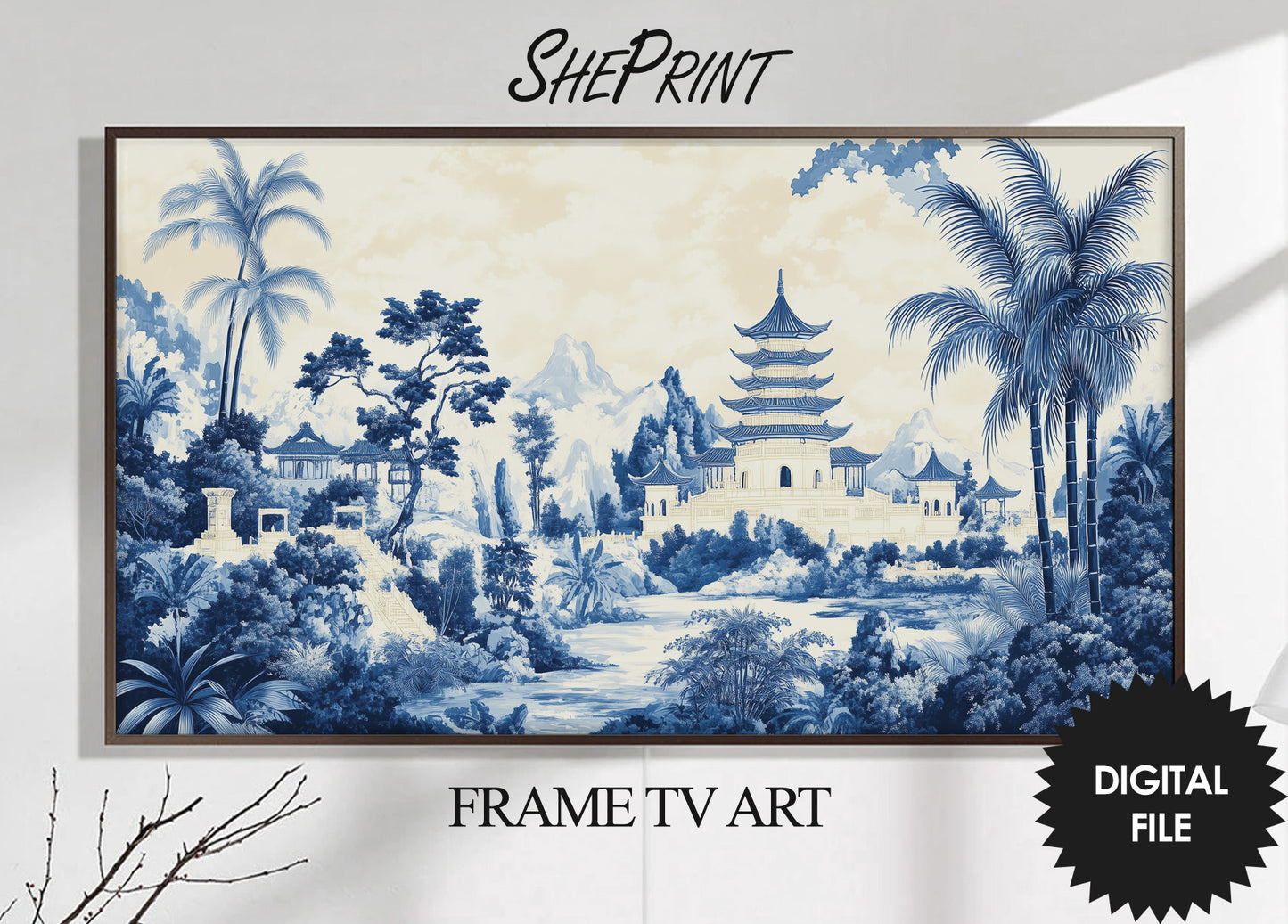 Chinoiserie Landscape Frame TV Art | Blue Beige Tones preview