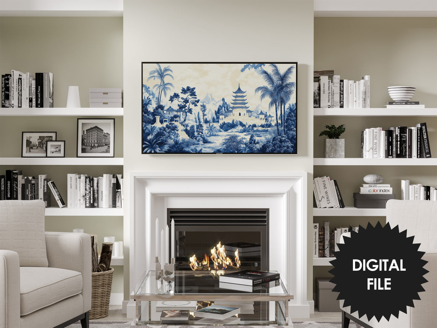 Chinoiserie Landscape Frame TV Art | Blue Beige Tones preview in modern living room