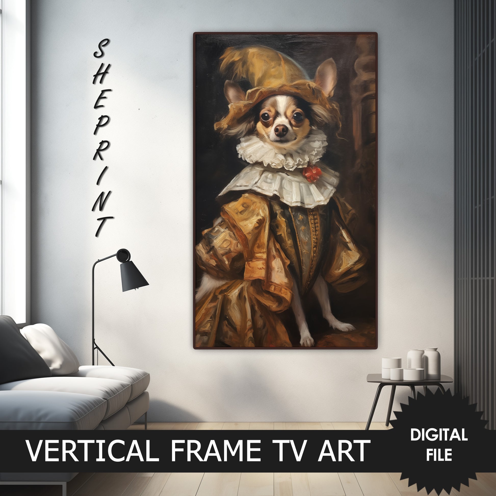 Vertical Frame TV Art | Chocolate White Chihuahua Dressed Up Like A King preview on Samsung frame tv when mounted vertically