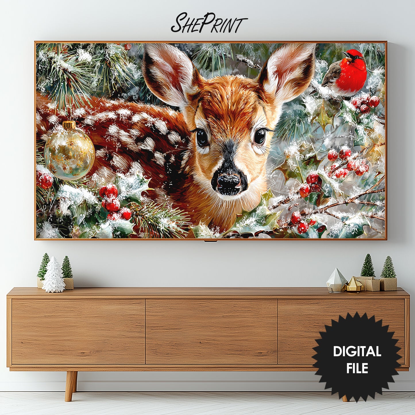 Samsung Frame TV Art Christmas Deer preview in living room