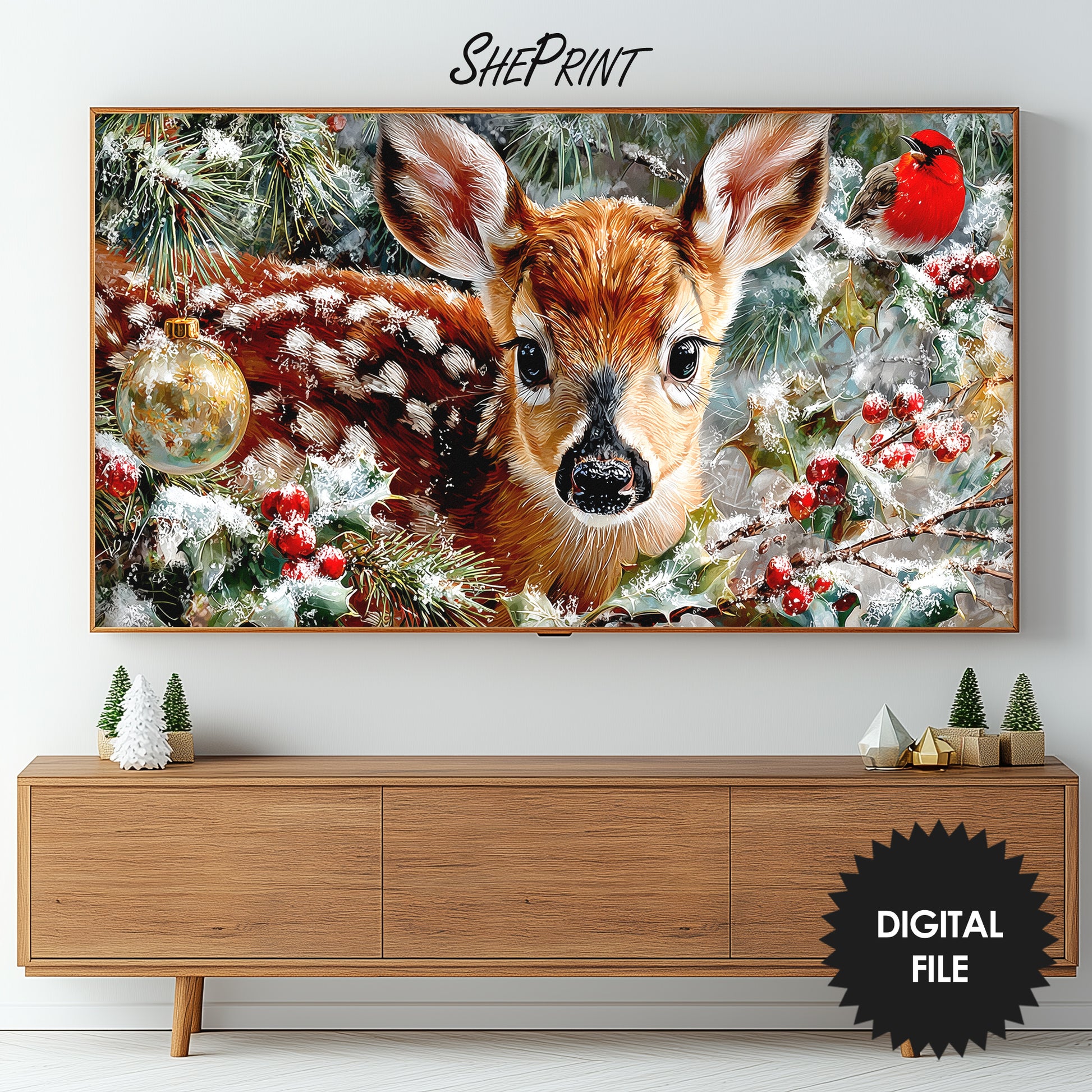 Samsung Frame TV Art Christmas Deer preview in living room