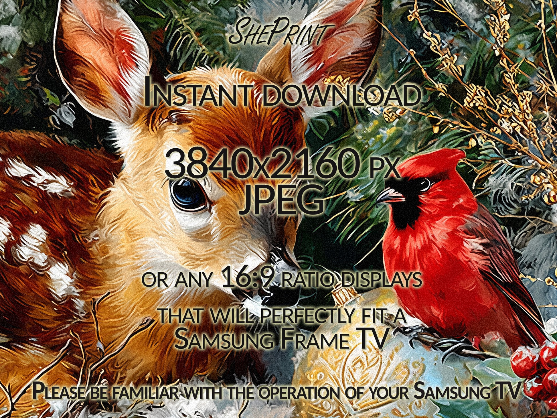 Samsung Frame TV Art Christmas Deer and Red Robin close up view