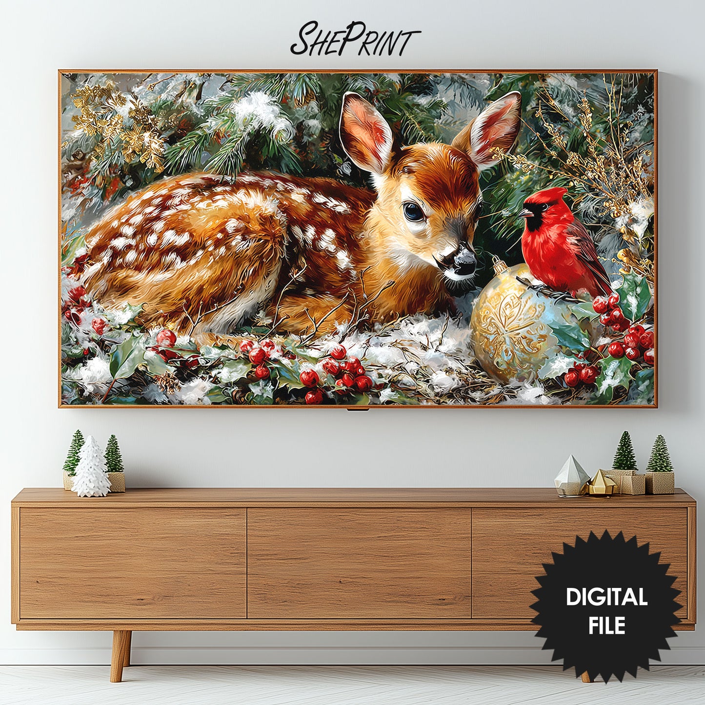 Samsung Frame TV Art Christmas Deer and Red Robin preview in living room