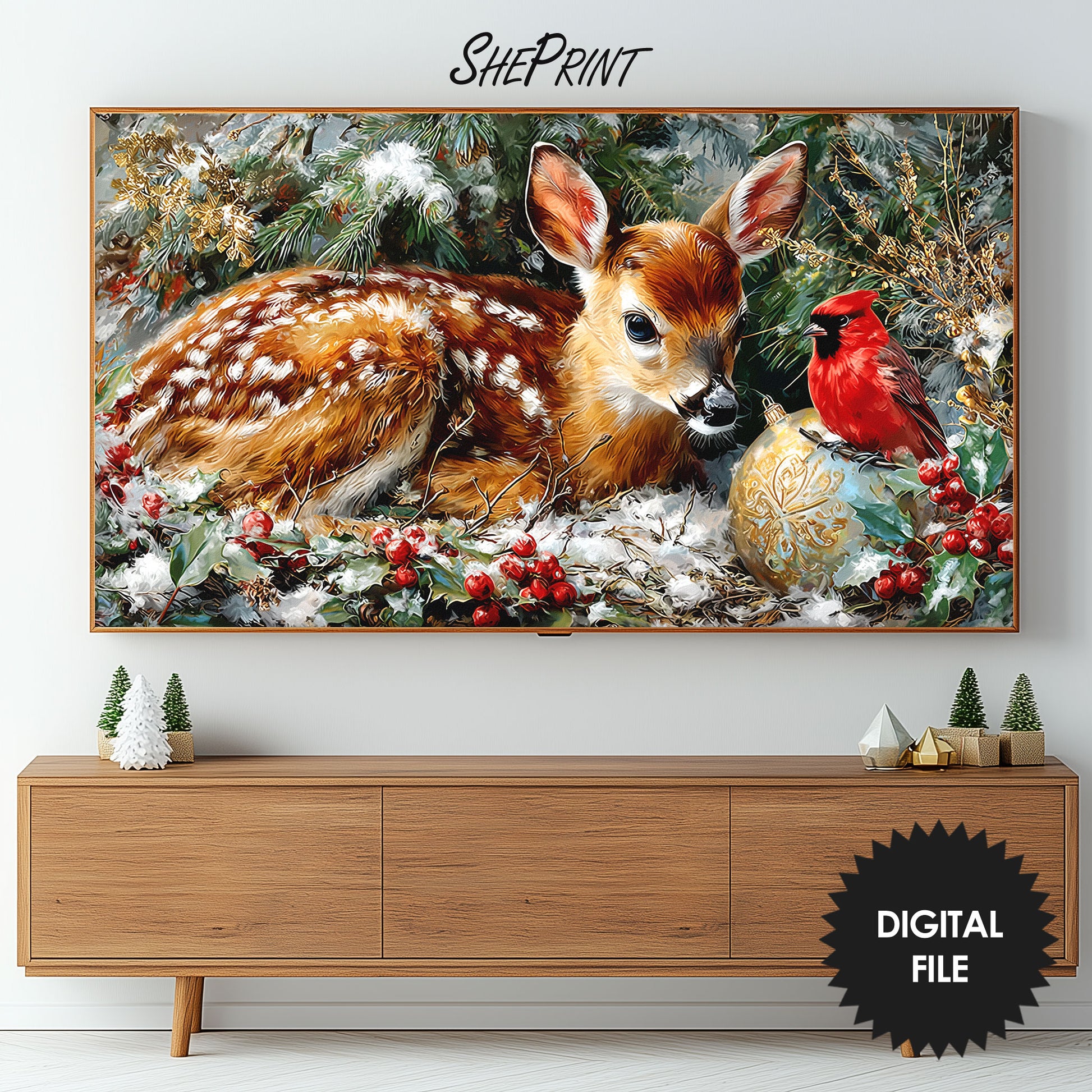 Samsung Frame TV Art Christmas Deer and Red Robin preview in living room