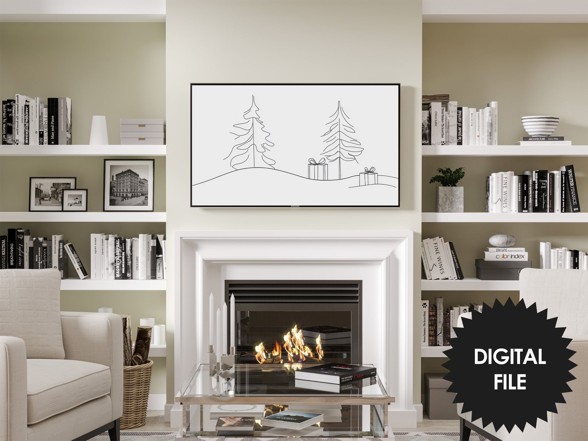 Samsung Frame TV Art Christmas Trees Line Art, Minimalism preview in modern living room