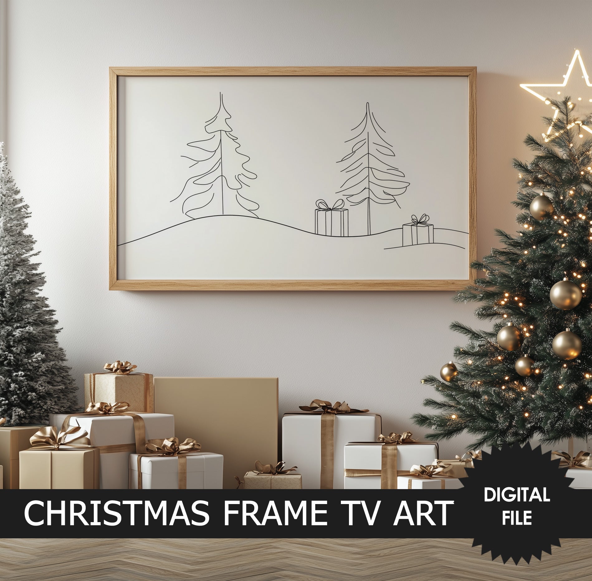 Samsung Frame TV Art Christmas Trees Line Art, Minimalism preview with wooden frame, rustic ambience