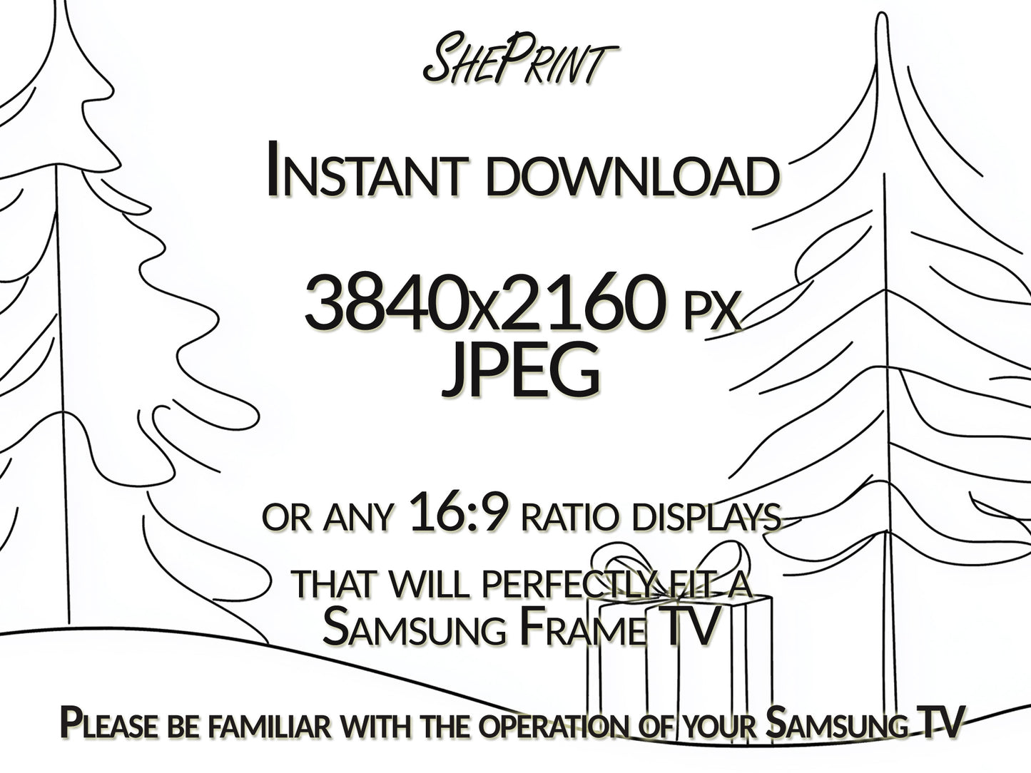 Samsung Frame TV Art Christmas Trees Line Art, Minimalism close up view