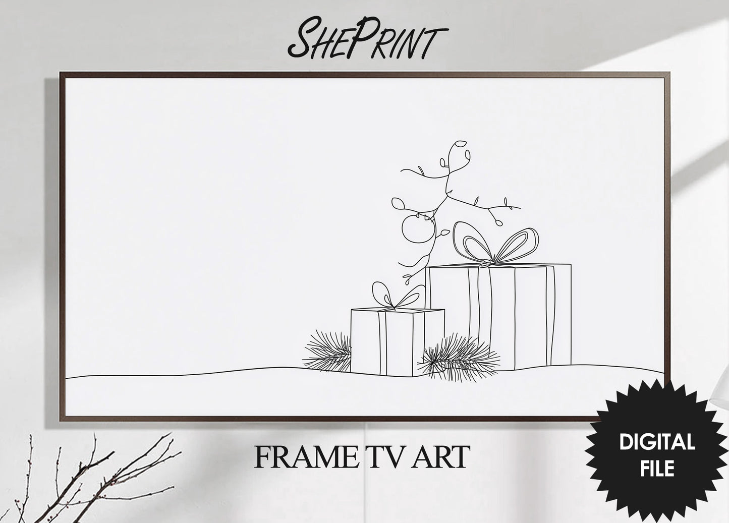 Samsung Frame TV Art, Christmas Presents Line Art, Minimalist Christmas TV Art, preview